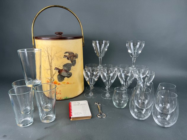 Image for Bacova Guild Vintage Ice Bucket (Signed By Artist), Art of Mixing Drinks Book, Bottle Opener and Assorted Barware Glasses