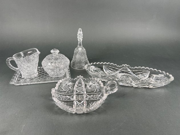 Image for Crystal Cream and Sugar Set, Relish Dishes and Bell