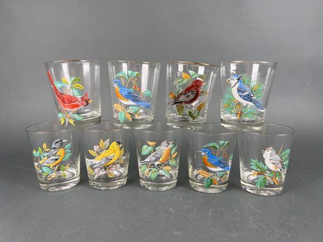 Image for Vintage West Virginia Glass Company Song Bird Gold Rimmed (On The Rocks) Glasses