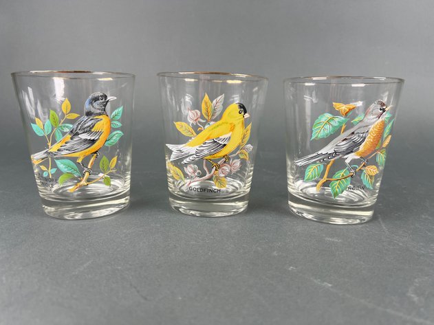 Image for Vintage West Virginia Glass Company Song Bird Gold Rimmed (On The Rocks) Glasses