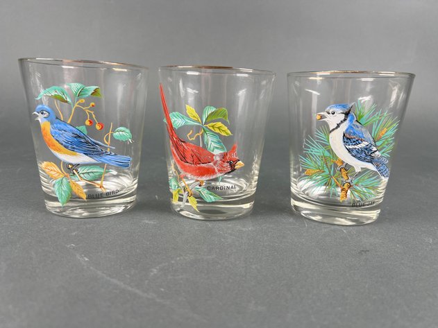 Image for Vintage West Virginia Glass Company Song Bird Gold Rimmed (On The Rocks) Glasses