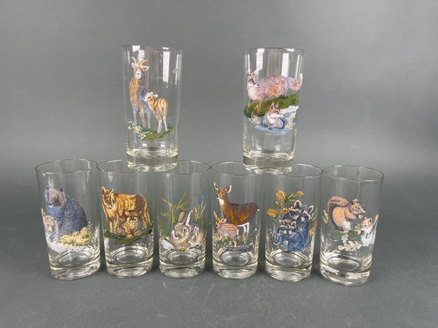 Image for Vintage West Virginia Glass Company Deer Fawn Raccoon Kit Glass Tumblers