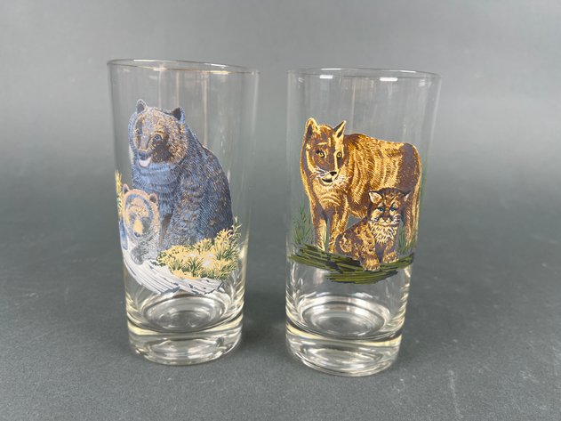 Image for Vintage West Virginia Glass Company Deer Fawn Raccoon Kit Glass Tumblers
