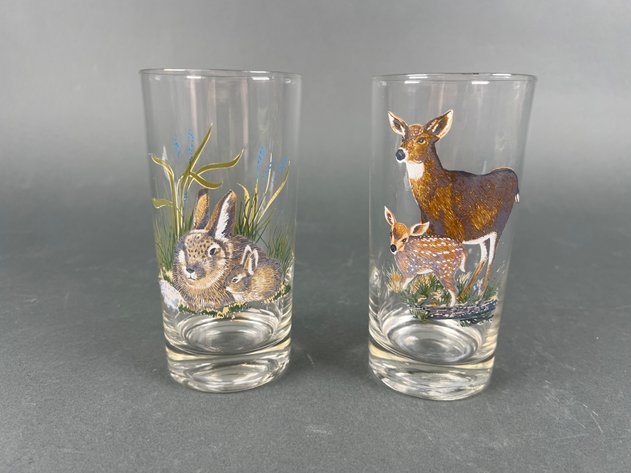 Image for Vintage West Virginia Glass Company Deer Fawn Raccoon Kit Glass Tumblers