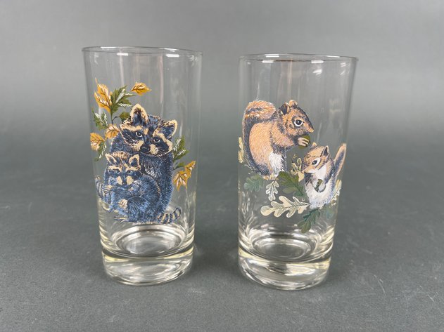 Image for Vintage West Virginia Glass Company Deer Fawn Raccoon Kit Glass Tumblers