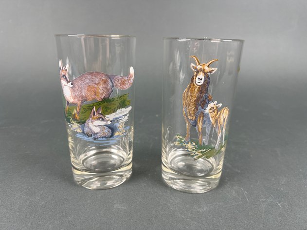 Image for Vintage West Virginia Glass Company Deer Fawn Raccoon Kit Glass Tumblers