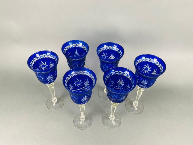 Image for Set of (6) Vintage Cut-to-Clear Cobalt Blue Crystal Wine Goblets