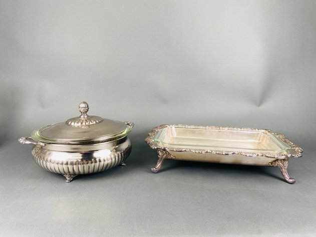 Image for Silver Plated Covered Casserole Dish with Pyrex Insert and Footed Casserole with Anchor Hocking Insert
