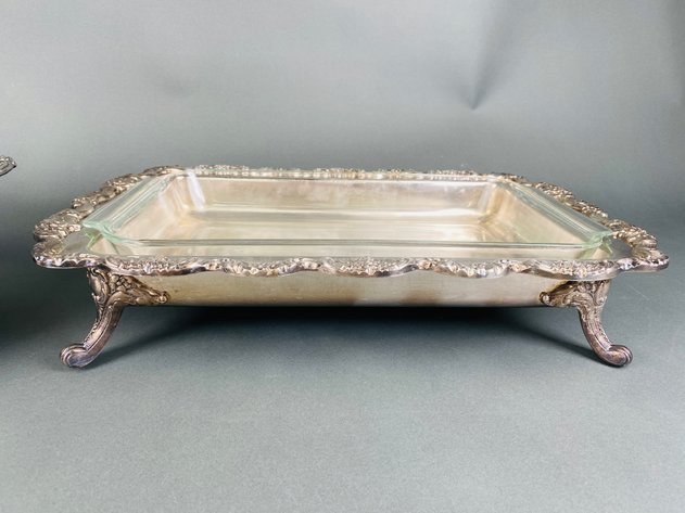 Image for Silver Plated Covered Casserole Dish with Pyrex Insert and Footed Casserole with Anchor Hocking Insert