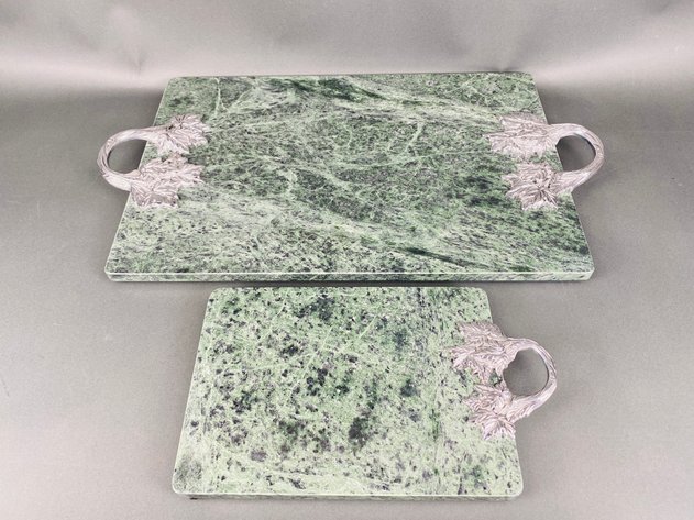 Image for (2) Vintage Green Marble Cheese Boards with Pewter Handles