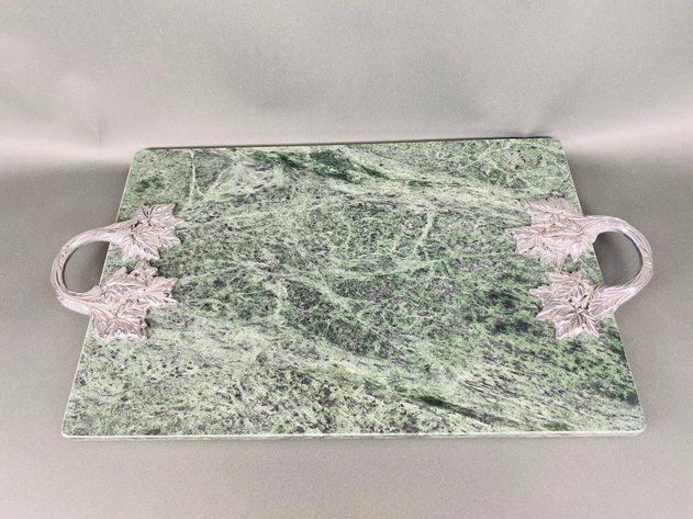 Image for (2) Vintage Green Marble Cheese Boards with Pewter Handles