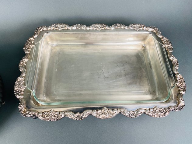Image for Silver Plated Covered Casserole Dish with Pyrex Insert and Footed Casserole with Anchor Hocking Insert