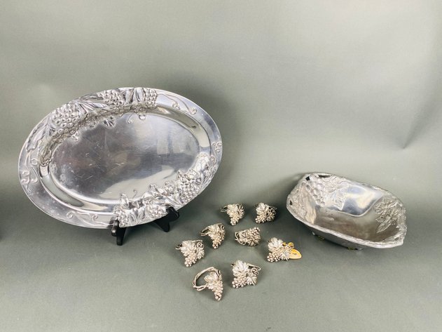 Image for Arthur Court Grape Serving Bowl with Matching Napkin Rings and Wilton Armetale Grape Serving Platter
