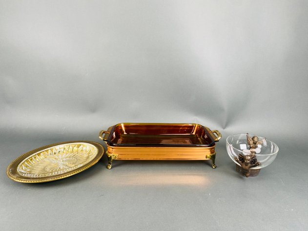 Image for Andrea by Sadek Glass Bowl with Brass Angel Holder, Anchor Hocking Insert with Copper/Brass Casserole Holder, and Brass Serving Platter with Glass Insert