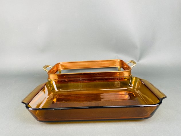 Image for Andrea by Sadek Glass Bowl with Brass Angel Holder, Anchor Hocking Insert with Copper/Brass Casserole Holder, and Brass Serving Platter with Glass Insert