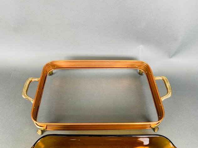 Image for Andrea by Sadek Glass Bowl with Brass Angel Holder, Anchor Hocking Insert with Copper/Brass Casserole Holder, and Brass Serving Platter with Glass Insert