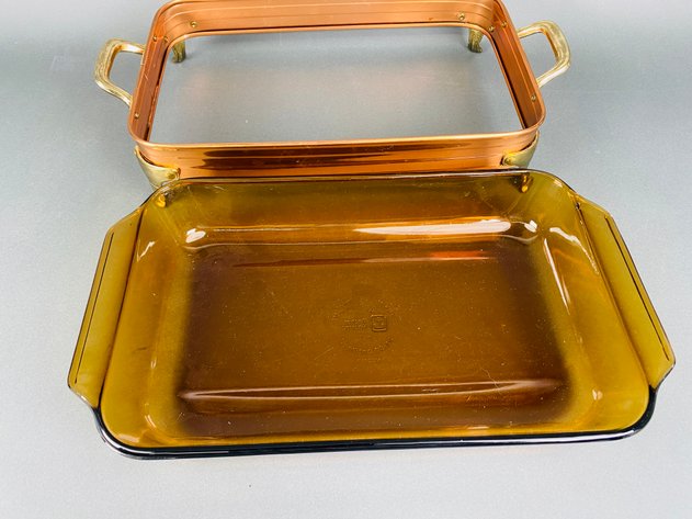 Image for Andrea by Sadek Glass Bowl with Brass Angel Holder, Anchor Hocking Insert with Copper/Brass Casserole Holder, and Brass Serving Platter with Glass Insert