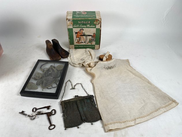 Image for Antique Collectibles Including Antique Baby Gown and Bonnett, Vintage Singer Sewing Machine, Antique Jewelry and Purses and More!
