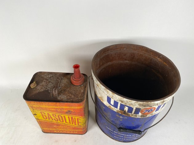 Image for Vintage Stancan (2) Gallon Metal Gasoline Can and Union 76 (5) Gallon Metal Oil Bucket