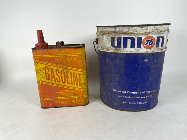 Image for Vintage Stancan (2) Gallon Metal Gasoline Can and Union 76 (5) Gallon Metal Oil Bucket