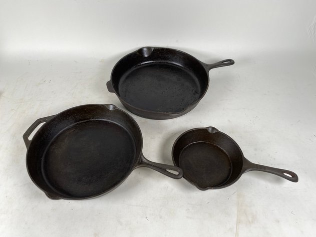 Image for (3) Cast Iron Skillets, Marked #12, Ozark Trail, and Old Mountain