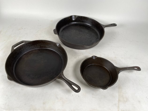 Image for (3) Cast Iron Skillets, Marked #12, Ozark Trail, and Old Mountain