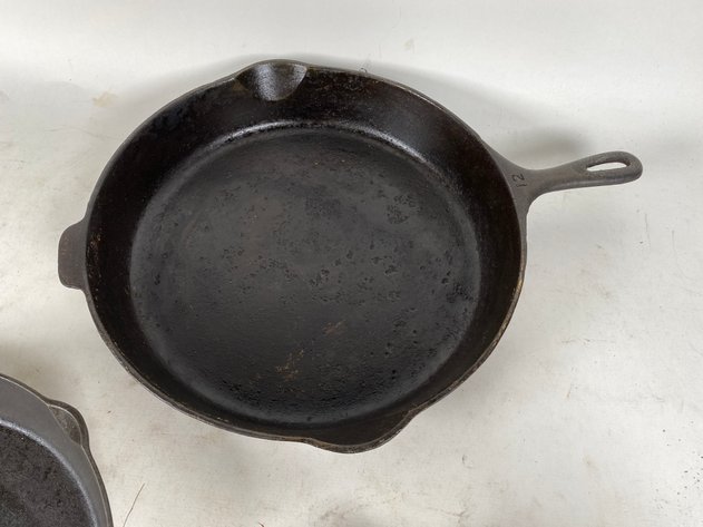 Image for (3) Cast Iron Skillets, Marked #12, Ozark Trail, and Old Mountain