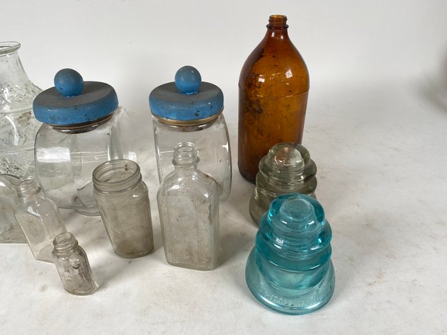Image for (8) Piece Assortment of Vintage Cannisters, Glass Bottles and Glass Insulators