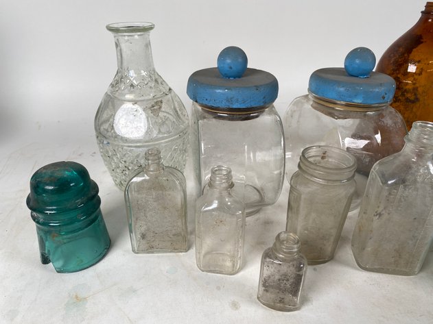 Image for (8) Piece Assortment of Vintage Cannisters, Glass Bottles and Glass Insulators