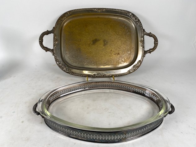 Image for Sheffield Silver Plated Serving Tray and Pyrex Glass Casserole Dish with Silver Plate Holder