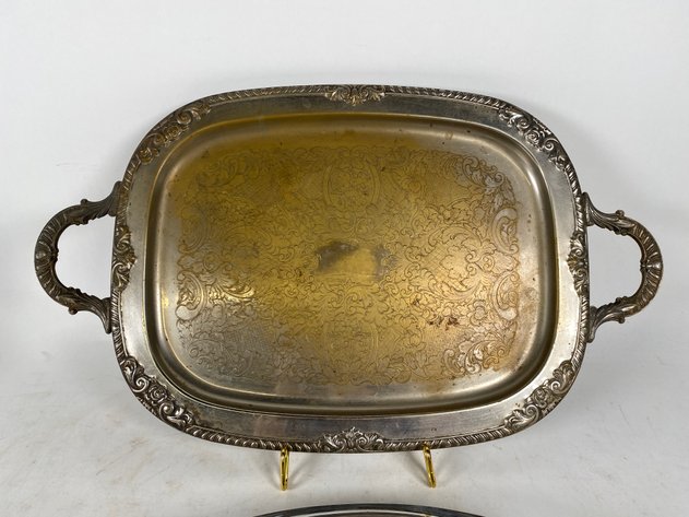 Image for Sheffield Silver Plated Serving Tray and Pyrex Glass Casserole Dish with Silver Plate Holder