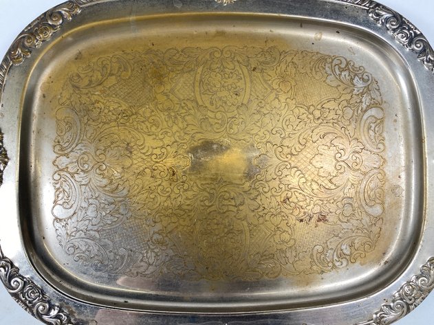 Image for Sheffield Silver Plated Serving Tray and Pyrex Glass Casserole Dish with Silver Plate Holder