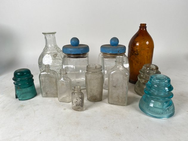 Image for (8) Piece Assortment of Vintage Cannisters, Glass Bottles and Glass Insulators