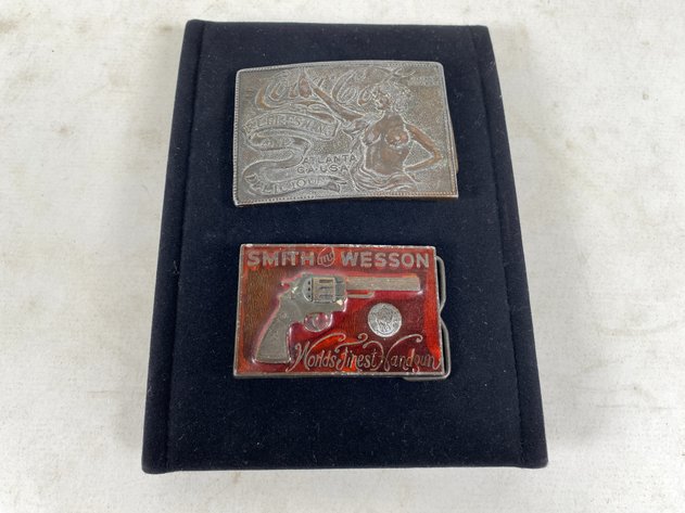 Image for (2) Vintage Metal Belt Buckles, Including Coca Cola and Smith and Wesson Brand Advertising