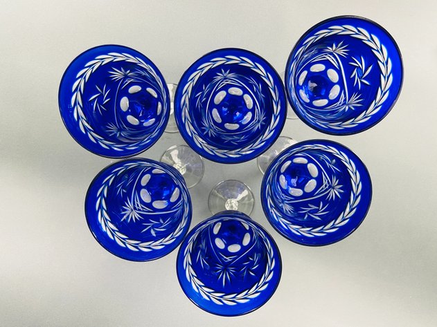 Image for Set of (6) Vintage Cut-to-Clear Cobalt Blue Crystal Wine Goblets