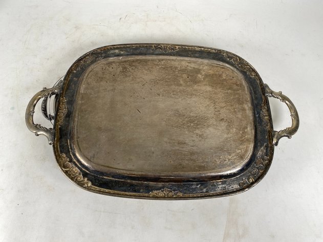 Image for Sheffield Silver Plated Serving Tray and Pyrex Glass Casserole Dish with Silver Plate Holder