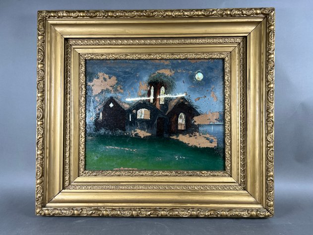 Image for Antique Reverse Painted Glass Church Landscape in Gilt Frame