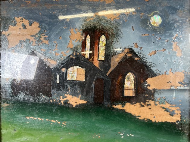 Image for Antique Reverse Painted Glass Church Landscape in Gilt Frame