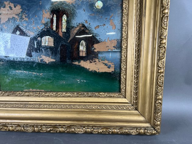 Image for Antique Reverse Painted Glass Church Landscape in Gilt Frame