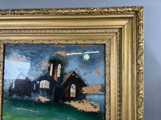 Image for Antique Reverse Painted Glass Church Landscape in Gilt Frame