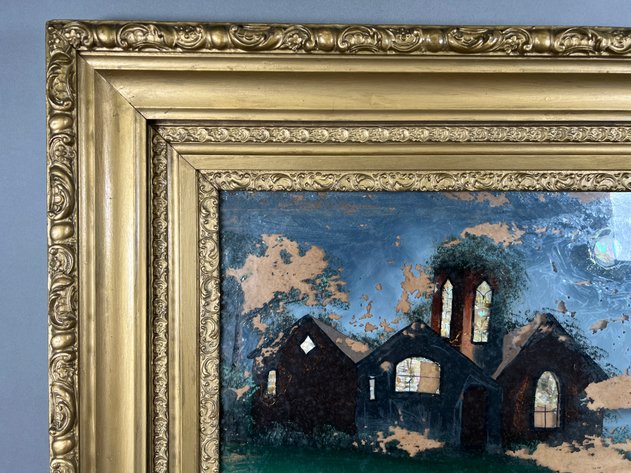 Image for Antique Reverse Painted Glass Church Landscape in Gilt Frame