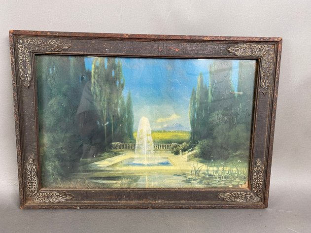 Image for Antique Frame with Landscape Print and (1) Original Oil on Board Landscape Scene