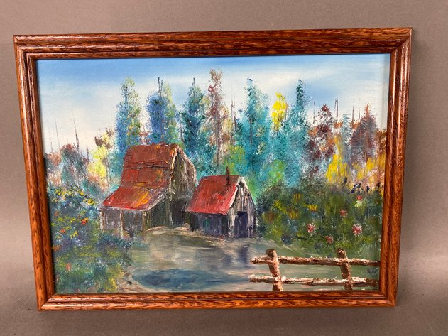 Image for Antique Frame with Landscape Print and (1) Original Oil on Board Landscape Scene