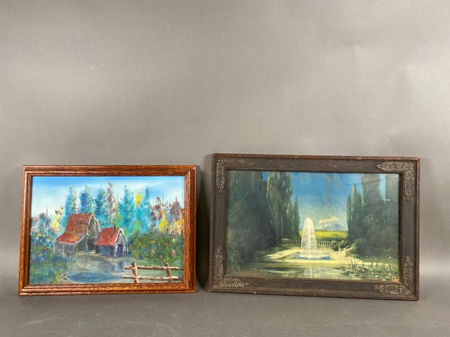 Image for Antique Frame with Landscape Print and (1) Original Oil on Board Landscape Scene