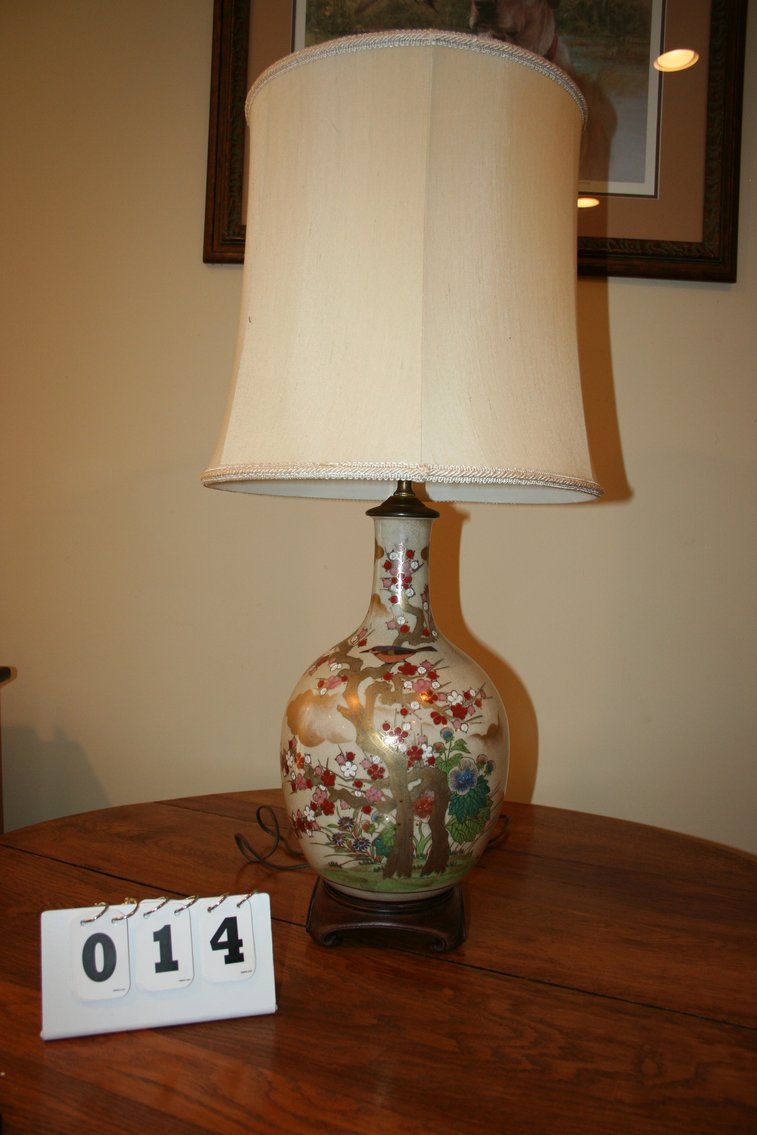 Image for Vintage Chinese Lamp With Linen Shade Hand Painted 30