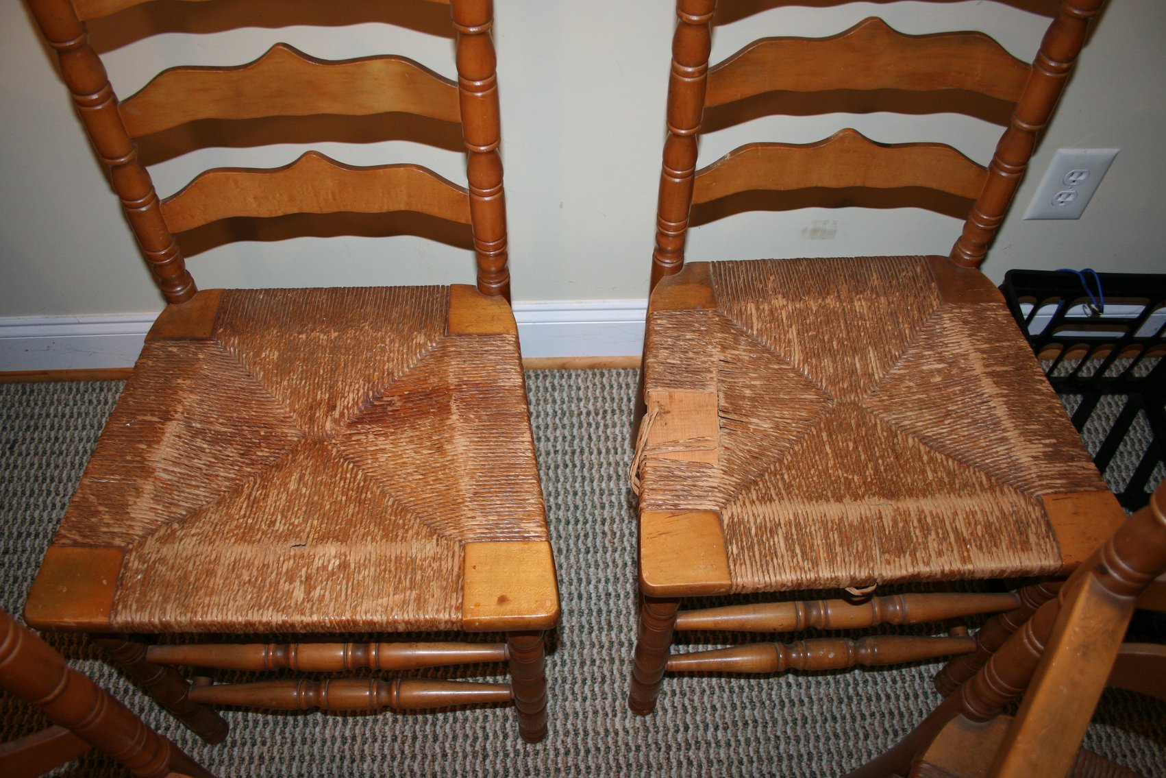 Image for Vintage Rush Seat Chairs - 3 Ladder Back Chairs - 1 Arm Chair Set of 4