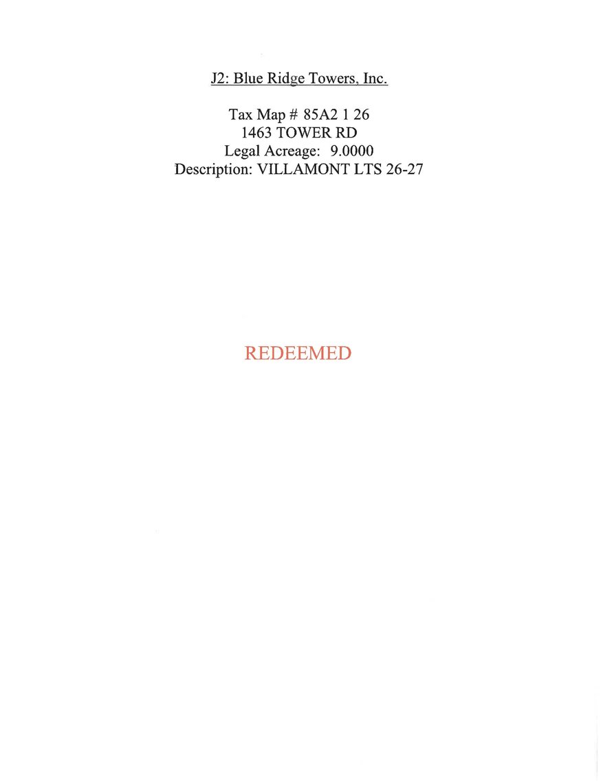 Image for REDEEMED JS2 1463 Tower Road, Blue Ridge, Villamont Lots 26-27, 9.00 acres +/-