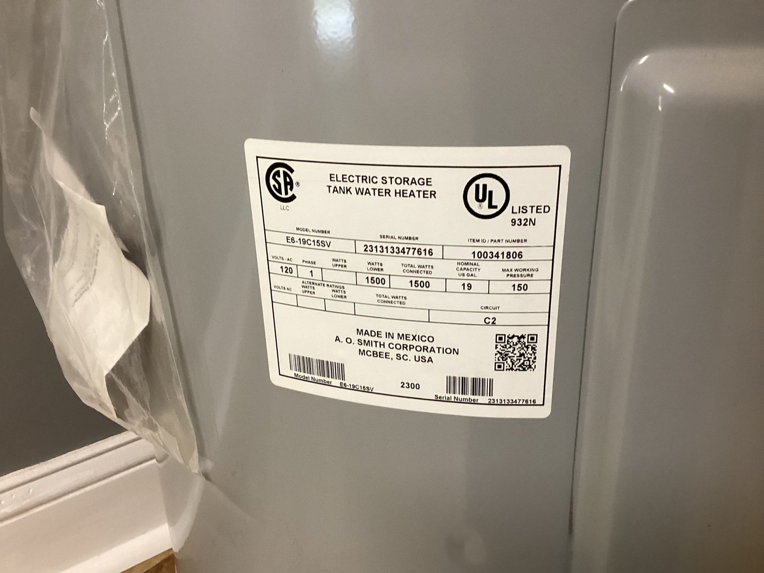 Image for AOSmith 19 Gallon Water Heater