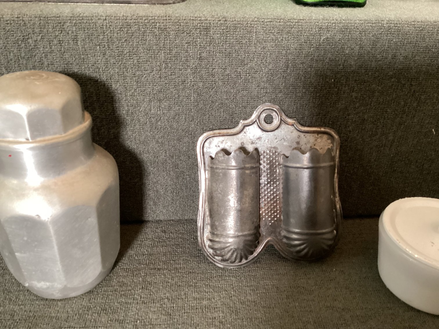 Image for Assortment of vintage items, including scales, salt & pepper shakers, matchstick holder