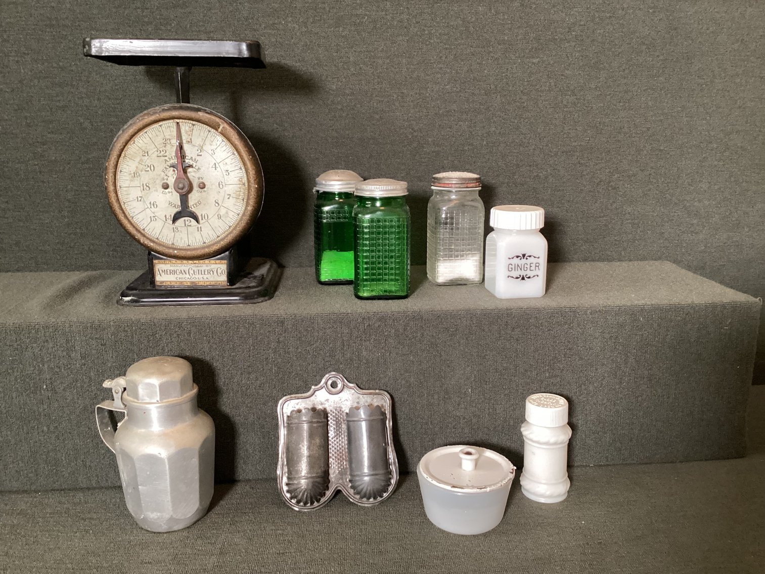 Image for Assortment of vintage items, including scales, salt & pepper shakers, matchstick holder